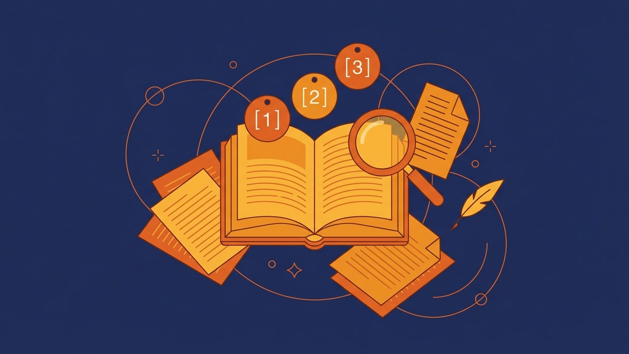 Bibliographie TIPE : livre ouvert avec références numérotées et loupe
