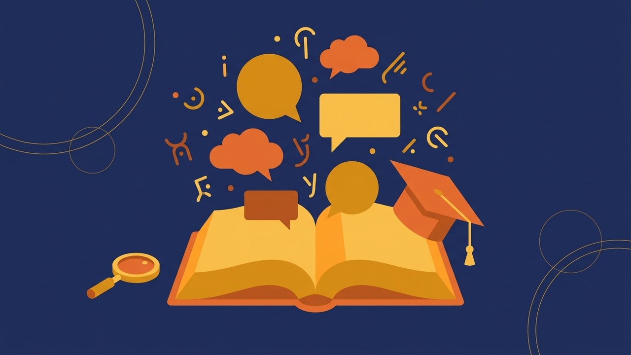 Vocabulaire prépa : dictionnaire ouvert avec bulles de dialogue et coiffe de diplômé